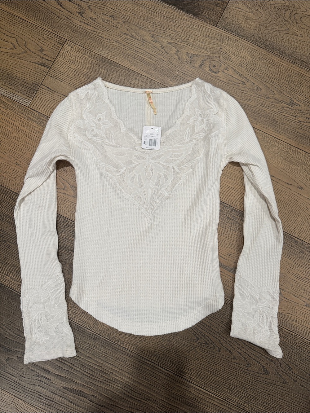 Free People Cream Long Sleeve Thermal Top with Lace V-Neck